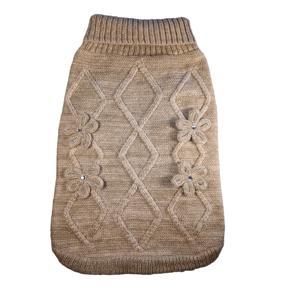 Top Paw Large Grey-Beige Cable Knit Sweater Flower with Rhinestone Center